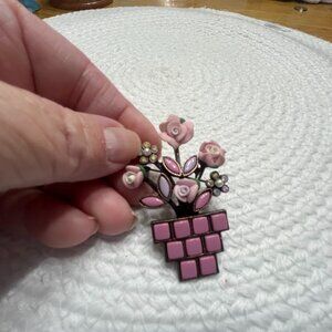 Vintage 1980'S Pink Pastel Flower Pot Rhinestone Pearl Brooch GREENWICH #147E